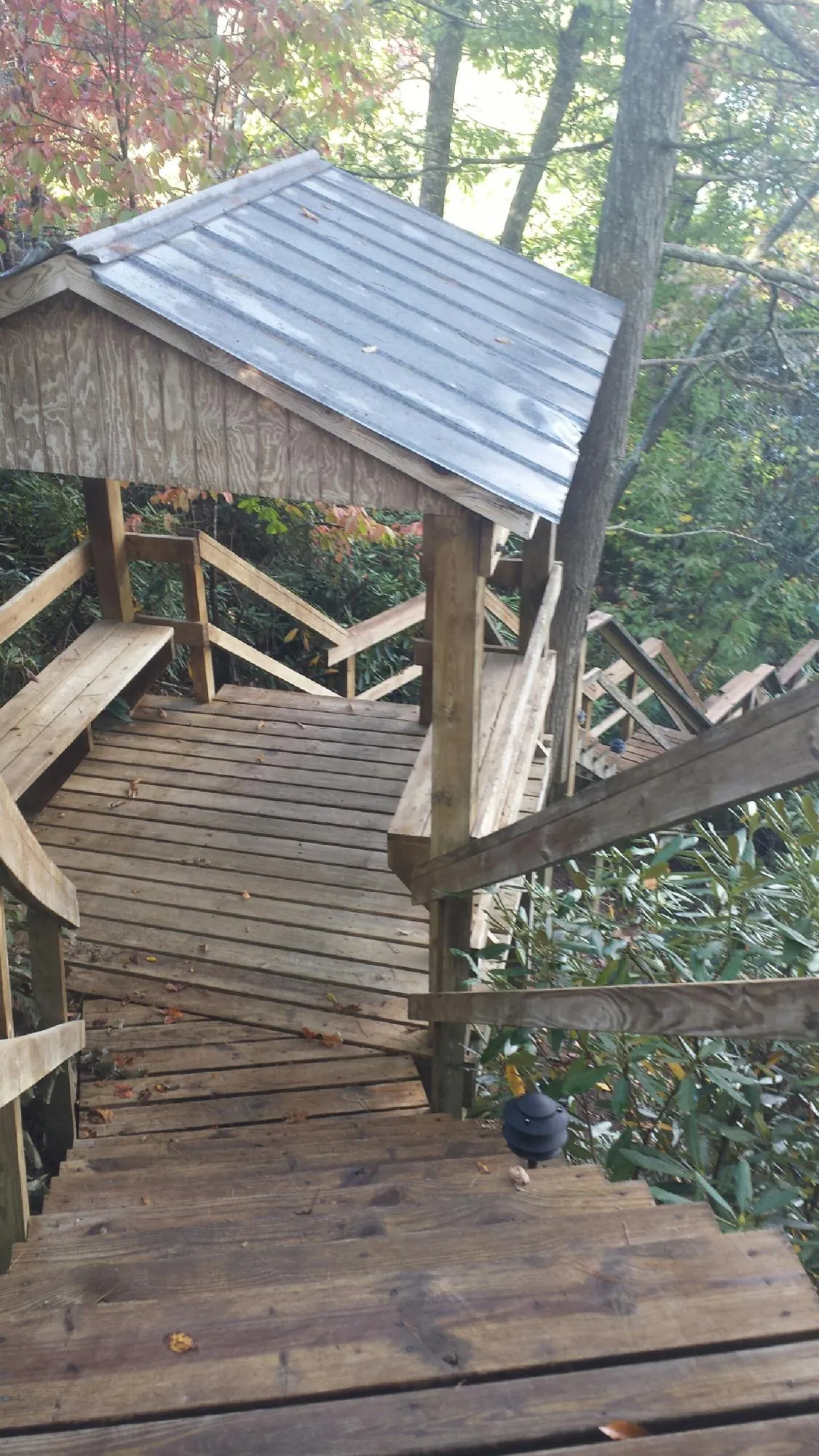 Metal roofed shelter over wooden steps on a wooded walkway — Skylight Repair & Installation work by our crew in Rifton